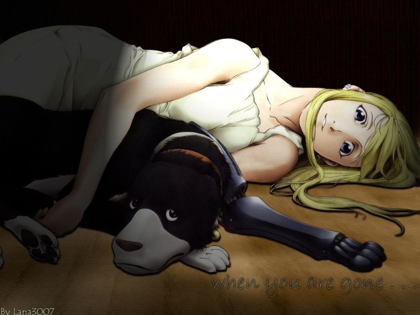 00s 1girl amputee animal blonde_hair blue_eyes den_(fma) dog dress earrings female fullmetal_alchemist jewelry long_hair looking_at_viewer lying prosthesis wallpaper winry_rockbell