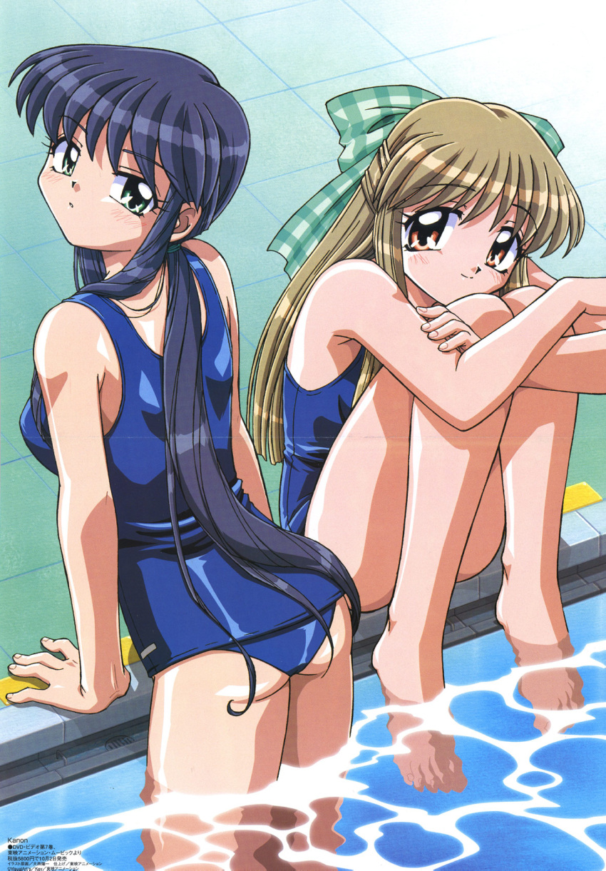 2girls :o armpits ass bangs barefoot blue_hair blush bow brown_hair crease crossed_arms feet feet_in_water friends green_eyes hair_bow highres kanon kawasumi_mai key_(company) knees_to_chest kurata_sayuri leaning_forward leg_hug long_hair looking_at_viewer looking_back megami multiple_girls official_art one-piece_swimsuit oonishi_youichi open_mouth orange_eyes plaid ponytail pool poolside scan school_swimsuit scrunchie sidelocks sitting smile soaking_feet swimsuit tile_floor tiles very_long_hair wading water