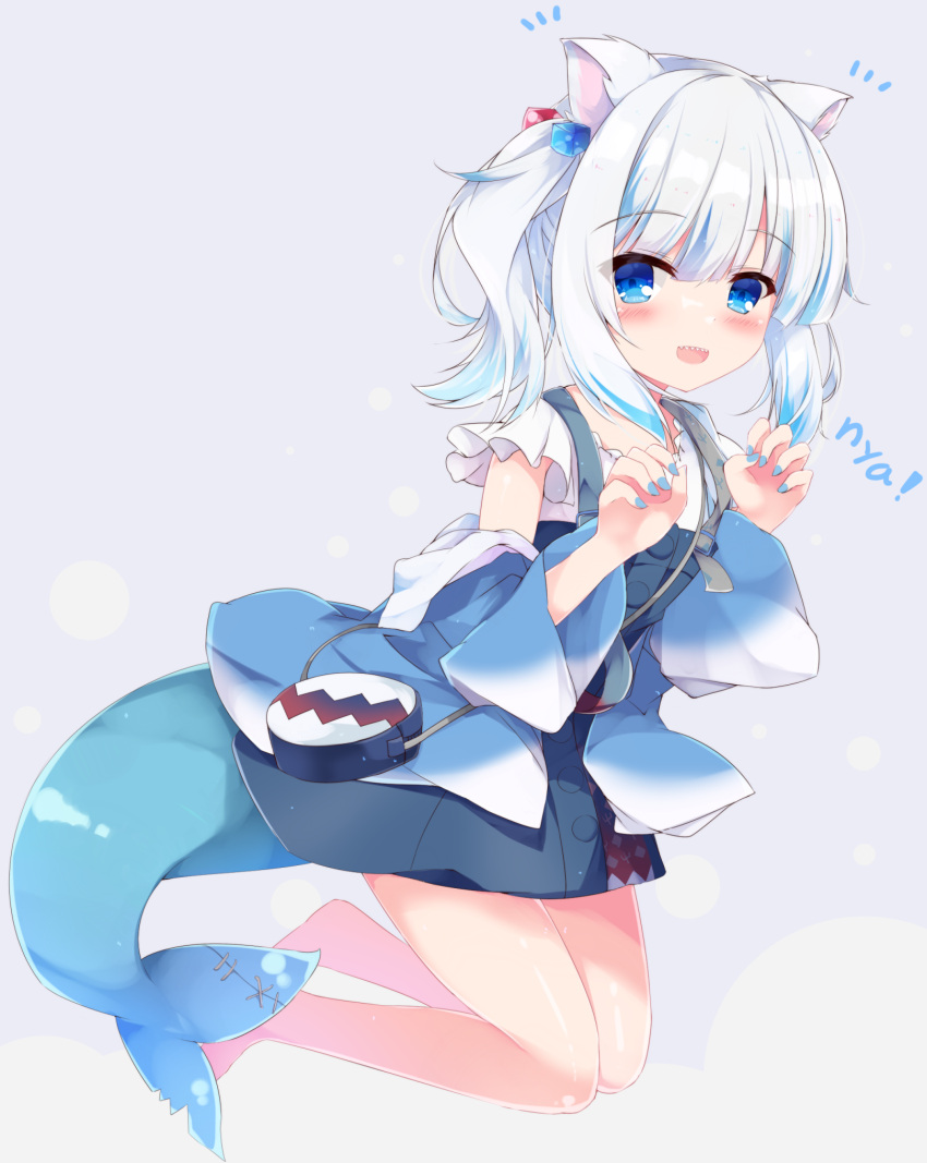 1girl :d animal_ears bag bangs barefoot blue_dress blue_eyes blue_hair blue_jacket blue_nails blush cat_ears claw_pose commentary_request dress eyebrows_visible_through_hair fish_tail fuuna gawr_gura grey_background hands_up highres hololive hololive_english jacket long_sleeves looking_at_viewer multicolored_hair nail_polish off_shoulder open_clothes open_jacket open_mouth romaji_text shark_tail sharp_teeth shirt shoulder_bag silver_hair simple_background sleeveless sleeveless_dress smile solo streaked_hair tail teeth twintails virtual_youtuber white_shirt