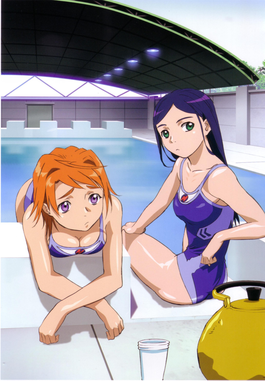 00s 2girls absurdres bent_over breast_rest breasts cleavage competition_swimsuit crossed_arms diving_block highres hisayuki_hirokazu kettle kuga_natsuki looking_back multiple_girls my-hime official_art one-piece_swimsuit outdoors pool poolside skinny swimsuit tokiha_mai
