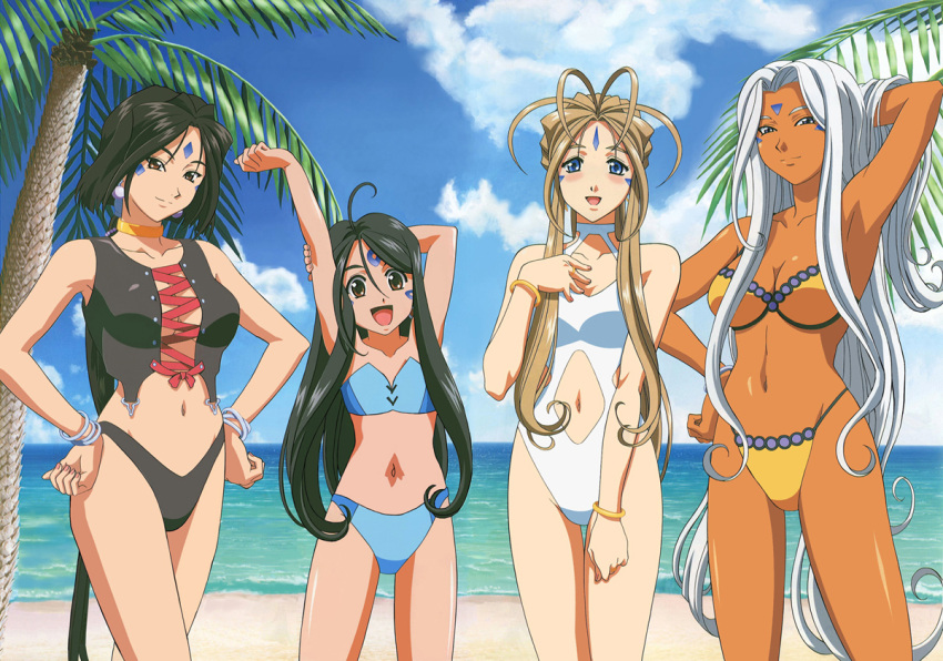 4girls 90s :d aa_megami-sama aa_megami-sama:_sorezore_no_tsubasa age_difference ahoge antenna_hair arm_up armpits bangs beach belldandy bikini black_bikini black_hair blue_eyes blue_sky blue_swimsuit blush bracelet breasts brown_eyes brown_hair casual_one-piece_swimsuit child cleavage cleavage_cutout clenched_hand clenched_hands clouds cross-laced_clothes dark_skin detexted earrings embarrassed facial_mark flat_chest forehead_mark goddess hair_between_eyes halterneck hand_behind_head hand_in_hair hand_on_own_chest hands_on_hips happy holding_arm jewelry legs_crossed light_smile lineup long_hair looking_at_viewer low_ponytail medium_breasts midriff multiple_girls navel navel_cutout neck_ring ocean official_art one-piece_swimsuit open_mouth outdoors palm_tree peorth ponytail satou_michio scan short_hair sidelocks skuld sky small_breasts smile standing strapless stretch string_bikini swimsuit tan tankini thigh_gap tree urd very_long_hair water white_hair white_swimsuit wide_hips