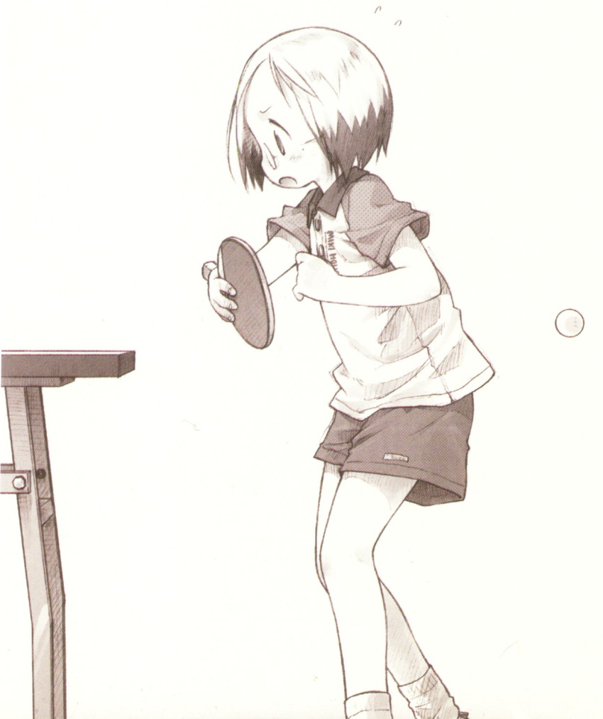 1girl barasui brown child glasses grey_hair highres ichigo_mashimaro monochrome paddle sakuragi_matsuri short_hair shorts solo sweat table_tennis table_tennis_paddle