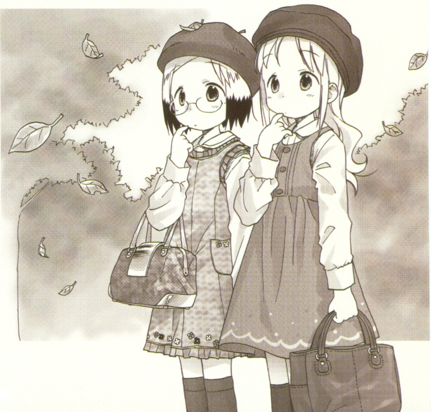 2girls ana_coppola bag barasui blonde_hair brown child copycat footwear glasses hat highres ichigo_mashimaro kneehighs long_hair monochrome multiple_girls sakuragi_matsuri sepia short_hair socks