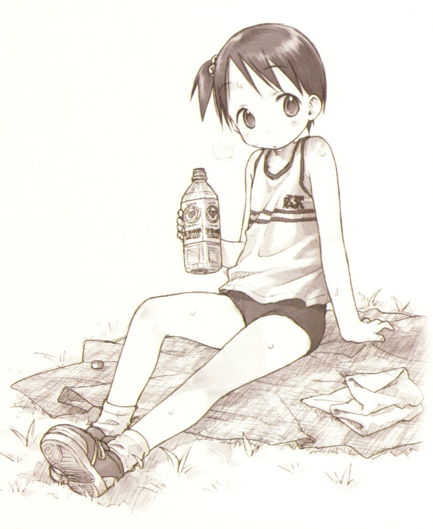 1girl barasui bottle brown buruma camisole child drink drinking gym_uniform highres ichigo_mashimaro itou_chika monochrome short_hair solo sweat water