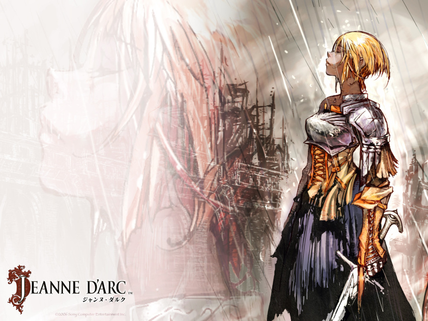 1girl armor blonde_hair concept_art corset highres jeanne_d'arc jeanne_d'arc_(game) jeanne_d'arc_(jeanne_d'arc_(game)) level-5 real_life solo sword weapon