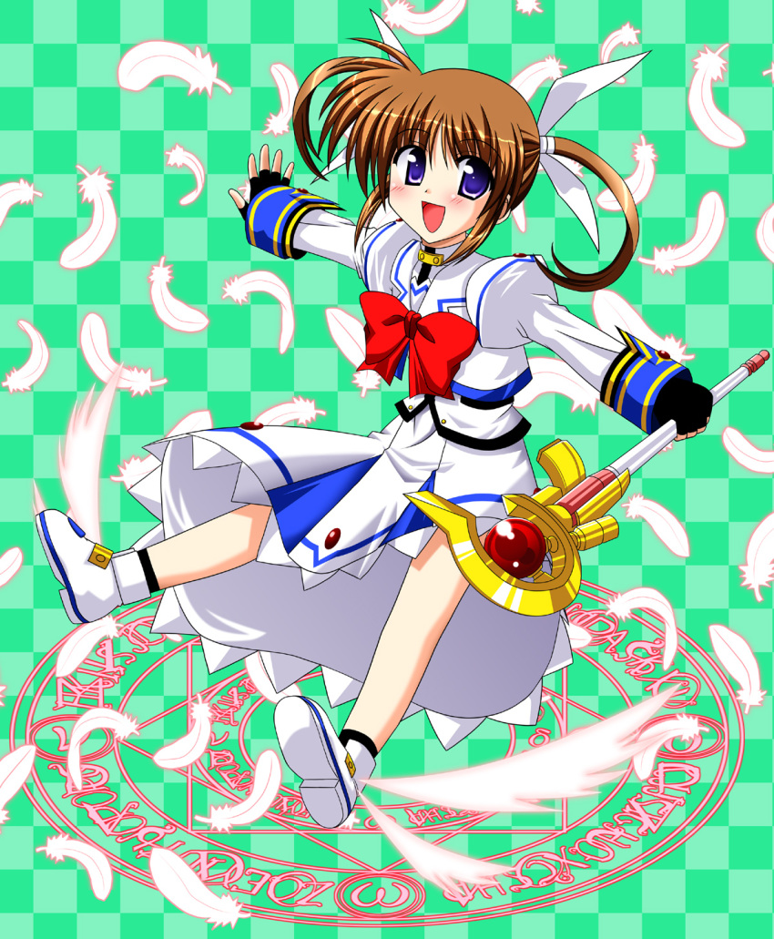 1girl bow checkered checkered_background feathers fingerless_gloves gloves green_background happy highres lyrical_nanoha magazine_(weapon) magic_circle magical_girl mahou_shoujo_lyrical_nanoha mahou_shoujo_lyrical_nanoha_a's octagram raising_heart red_bow redhead shoes solo takamachi_nanoha twintails violet_eyes winged_shoes wings