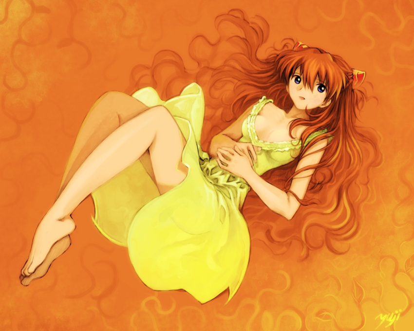 1girl barefoot dress feet highres kobayashi_yuji kobayashi_yuuji neon_genesis_evangelion orange_background redhead solo souryuu_asuka_langley toes yellow_dress