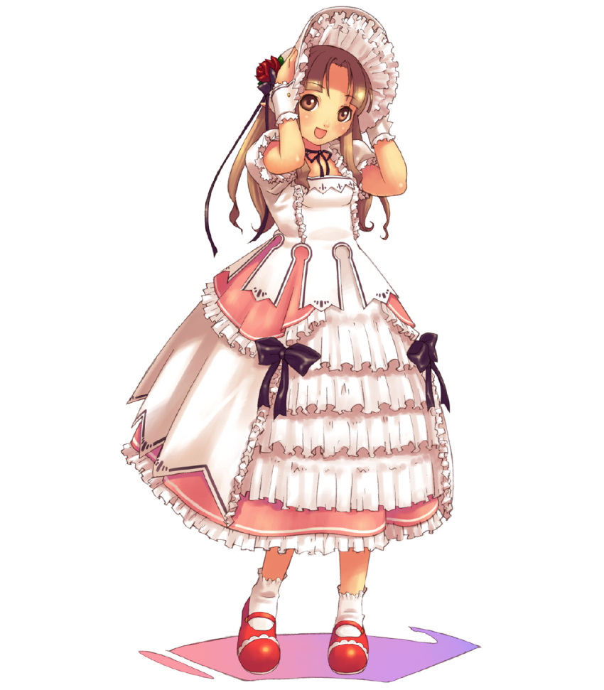 1girl bonnet dress footwear gothic happy highres hirano_katsuyuki lolita_fashion long_hair mary_janes mine_(spectral_souls) ribbon shoes socks solo spectral_(series) spectral_souls sweet_lolita