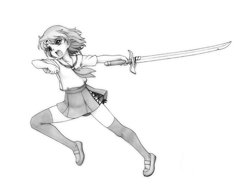 legs monochrome nagaaki original school_uniform serafuku short_hair skirt sword thighhighs weapon