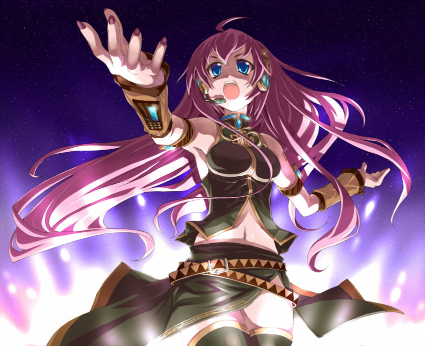 detached_sleeves headset long_hair megurine_luka midriff navel night night_sky open_mouth pink_hair pitomo sky thighhighs very_long_hair vocaloid