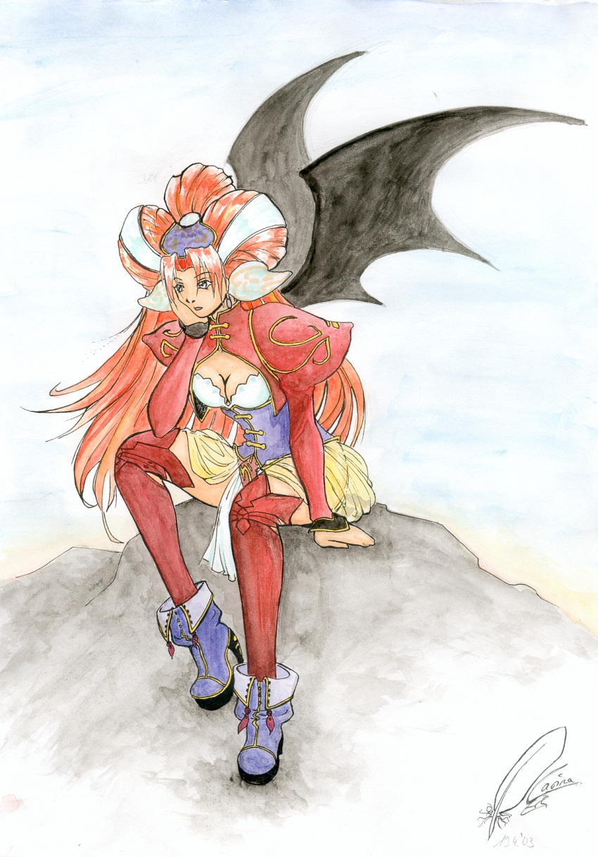 1girl bat_wings boots game_arts grandia grandia_ii highres long_hair millenia_(grandia) redhead solo thigh-highs wings
