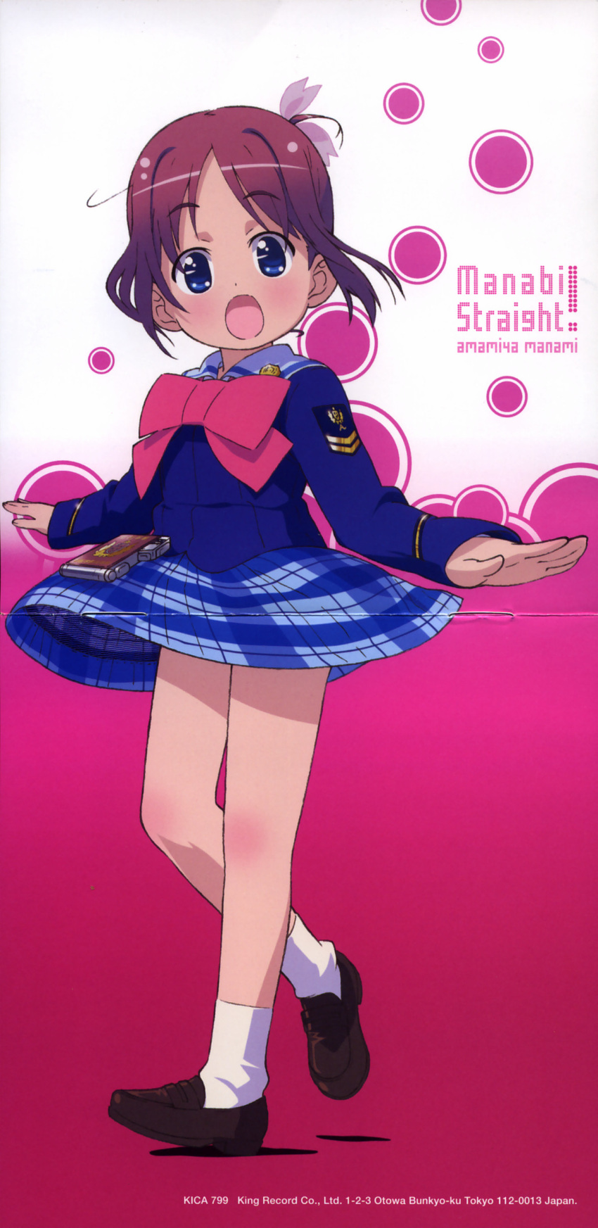 1girl absurdres album_cover amamiya_manami bow cover crease gakuen_utopia_manabi_straight! highres long_image official_art pink_bow plaid plaid_skirt scan skirt solo tall_image