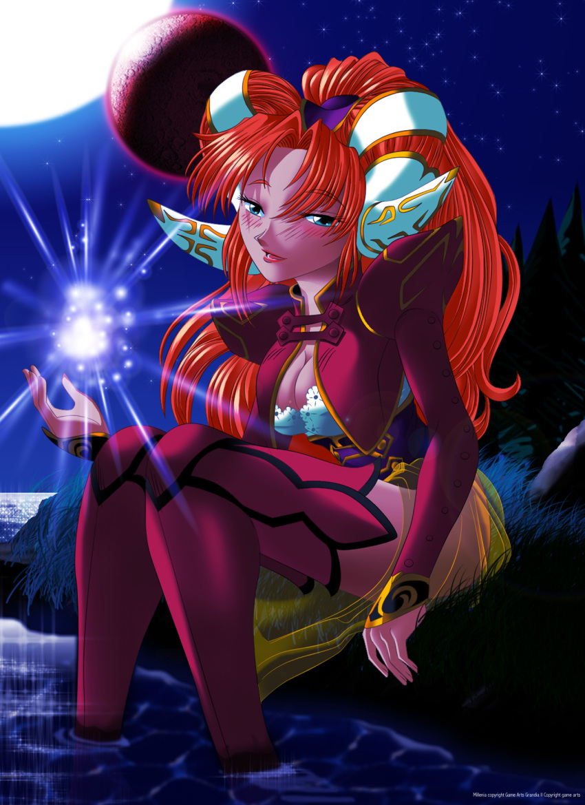 1girl blue_eyes boots breasts cleavage corset game_arts grandia grandia_ii highres jacket magic melficexd millenia_(grandia) moon redhead solo thigh-highs thigh_boots water