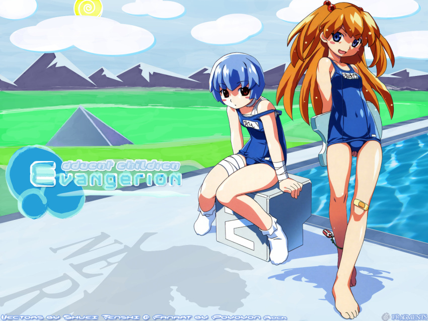 2girls arms_behind_back ayanami_rei bandage bandaged_arm bandaged_leg bandaid bandaid_on_knee bangs barefoot blue_eyes blue_hair blush blush_stickers bobby_socks brown_eyes covered_navel feet hair_bobbles hair_ornament highres knees_together_feet_apart long_hair looking_at_viewer multiple_girls name_tag neon_genesis_evangelion off_shoulder one-piece_swimsuit orange_hair pool school_swimsuit short_hair sitting smile socks souryuu_asuka_langley standing starting_block swimsuit wallpaper watanabe_akio white_legwear