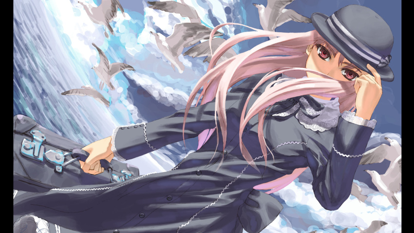 1girl bird clouds dress dutch_angle hat hat_tip highres long_hair original outdoors pillarboxed pink_eyes pink_hair seagull sky solo suitcase tan_taka