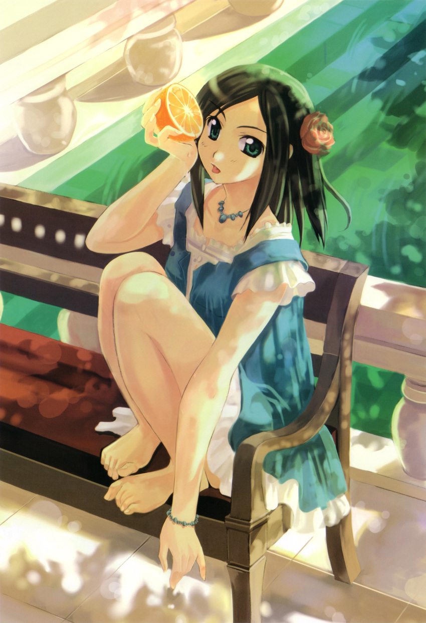 1girl :p absurdres barefoot bench black_hair bracelet feet food fruit girl's_avenue green_eyes highres holding holding_fruit jewelry looking_at_viewer megami naruse_chisato orange short_hair sitting solo toes tongue tongue_out tree_shade