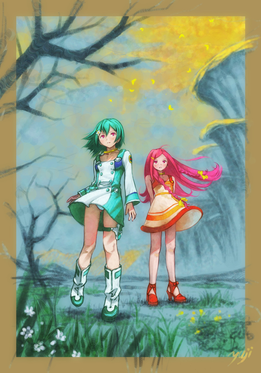 2girls anemone_(eureka_seven) aqua_hair blue_panties boots border braid dress eureka eureka_seven eureka_seven_(series) female hair_ornament hairclip high_heels highres kobayashi_yuji multiple_girls panties pink_hair shoes smile standing thigh_strap tree underwear upskirt violet_eyes wind