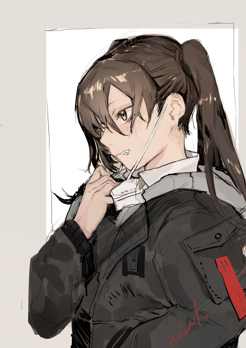 1girl brown_eyes brown_hair clenched_teeth hand_in_pocket highres hiranko idolmaster idolmaster_cinderella_girls jacket long_hair mask mask_pull mole mole_under_eye parted_lips sharp_teeth sketch solo sunazuka_akira teeth twintails