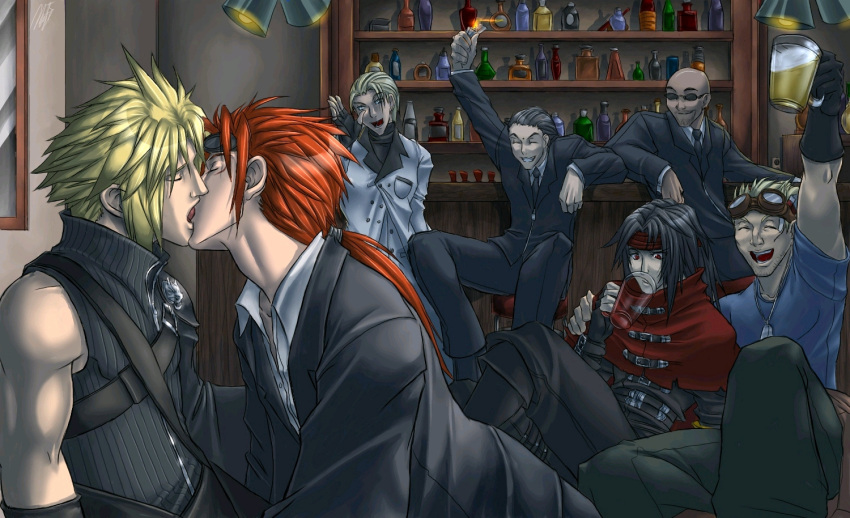 6+boys alcohol artist_request beer cid_highwind cloud_strife ff_vii final_fantasy final_fantasy_vii final_fantasy_vii_advent_children goggles kiss male_focus multiple_boys reno rude rufus_shinra tseng turks vincent_valentine yaoi