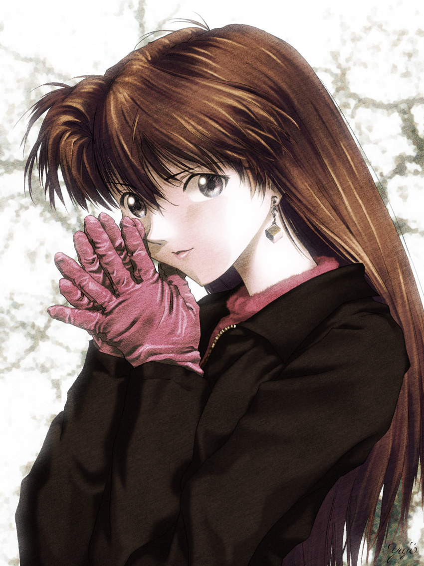 1girl brown_hair earrings gloves hands_together highres jewelry kobayashi_yuji long_hair neon_genesis_evangelion own_hands_together signature smile solo souryuu_asuka_langley watermark