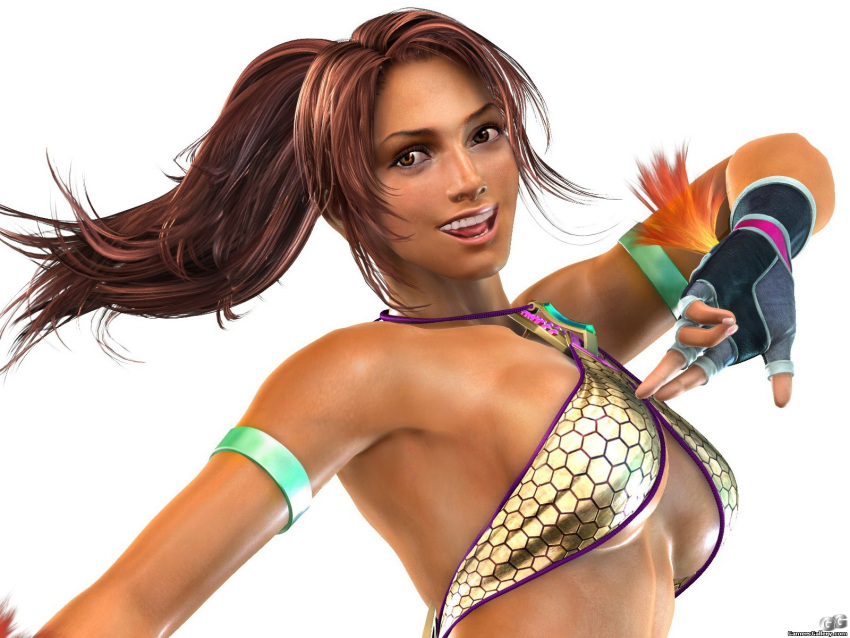 1girl 3d armband armpits brazilian breasts brown_eyes brown_hair christie_monteiro dark_skin fingerless_gloves gloves highres long_hair namco official_art ponytail solo tekken under_boob wallpaper white_background