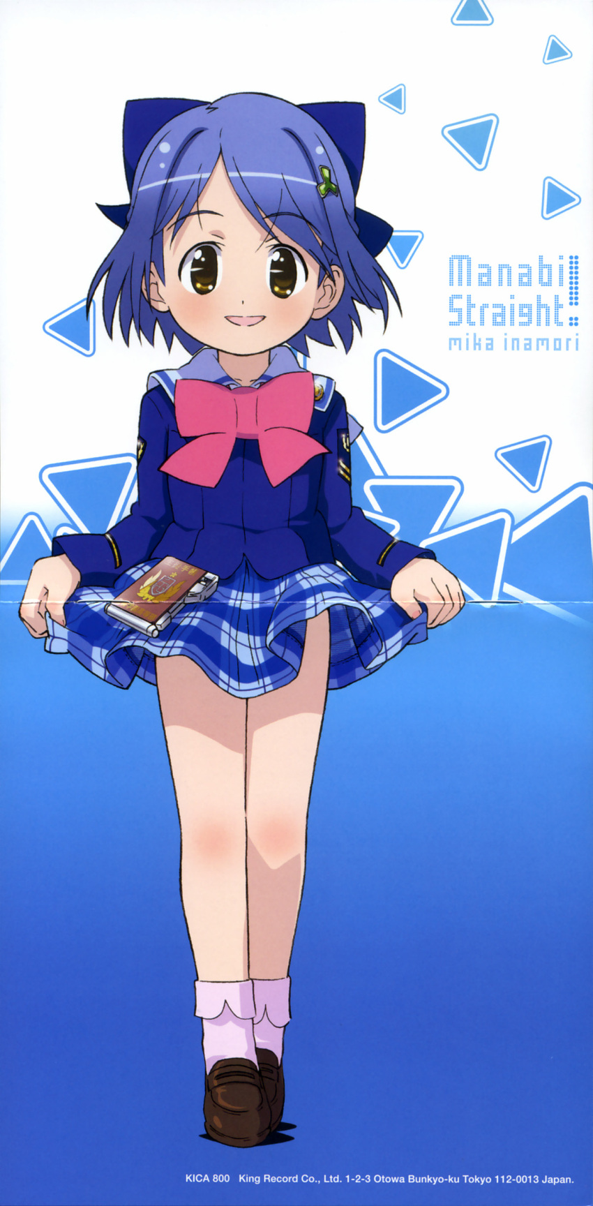 1girl absurdres album_cover bow cover crease gakuen_utopia_manabi_straight! highres inamori_mika long_image official_art pink_bow plaid plaid_skirt scan skirt skirt_hold solo tall_image