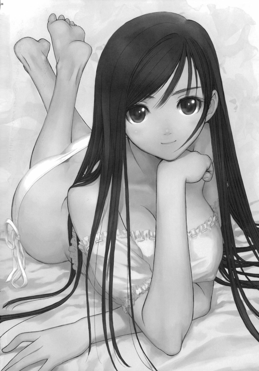 1girl breasts cleavage erect_nipples feet highres legs_crossed long_hair lying monochrome sitting smile solo tanaka_takayuki