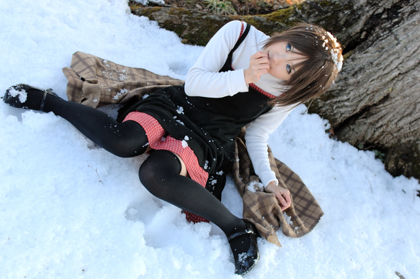 1girl asian blue_eyes cosplay kanon kipi-san misaka_shiori photo real_life solo thigh-highs