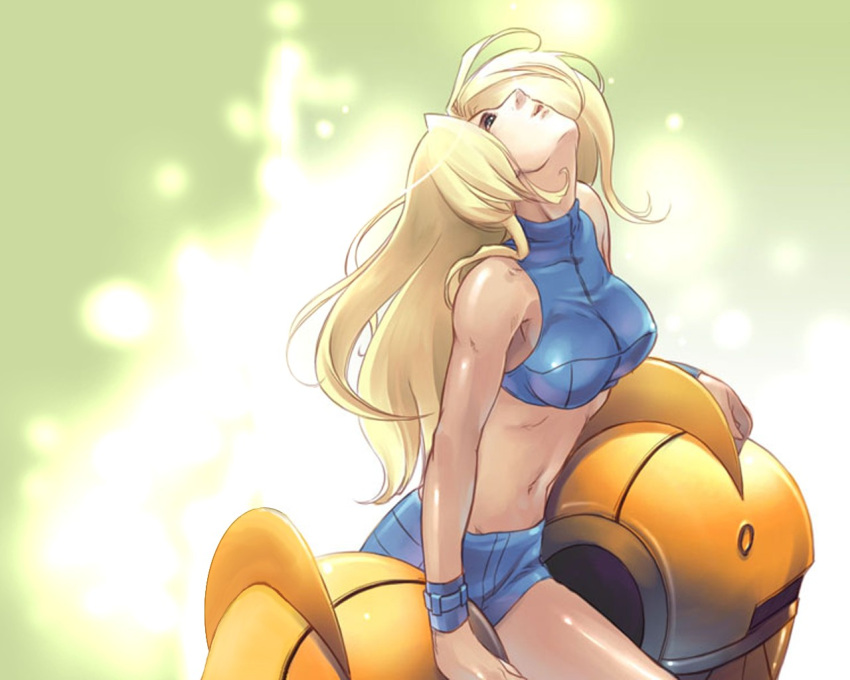 1girl :d arm_support armor bare_shoulders blonde_hair blue_eyes bracelet breasts cowboy_shot crop_top female glowing green_background halterneck head_back jewelry large_breasts light_particles long_hair looking_up metroid metroid_fusion midriff navel nintendo official_art open_mouth power_suit profile samus_aran short_shorts shorts sleeveless smile solo turtleneck undressing varia_suit very_long_hair wallpaper wristband