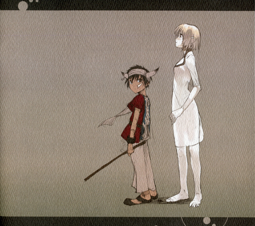 1boy 1girl albino barefoot black_hair brown_hair dress feet gown height_difference highres horns ico ico_(character) morii_shizuki pale_skin pointy_ears poncho sandals short_hair silver_hair size_difference stick surcoat tabard yorda