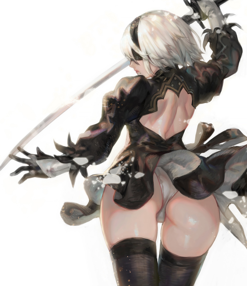 1girl aoin ass back blindfold blush covering covering_ass gloves highres mole mole_under_mouth nier_(series) nier_automata panties silver_hair skirt sword thigh-highs underwear upskirt weapon white_panties yorha_unit_no._2_type_b