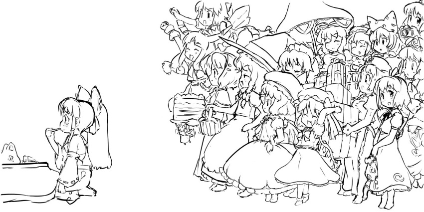 6+girls ^_^ alice_margatroid bag barefoot birthday blush cake chen china cirno closed_eyes crowd detached_sleeves eating everyone female flandre_scarlet food from_side gift grocery_bag hakurei_reimu hat hong_meiling ibuki_suika izayoi_sakuya kirisame_marisa konpaku_youmu kotatsu long_image long_sleeves monochrome multiple_girls patchouli_knowledge pillow_hat profile randou remilia_scarlet ribbon saigyouji_yuyuko seiza shameimaru_aya shanghai_doll shist shoes shopping_bag short_sleeves siblings simple_background sisters sitting socks table tokin_hat touhou umbrella white_background wide_image wings witch_hat yakumo_ran yakumo_yukari