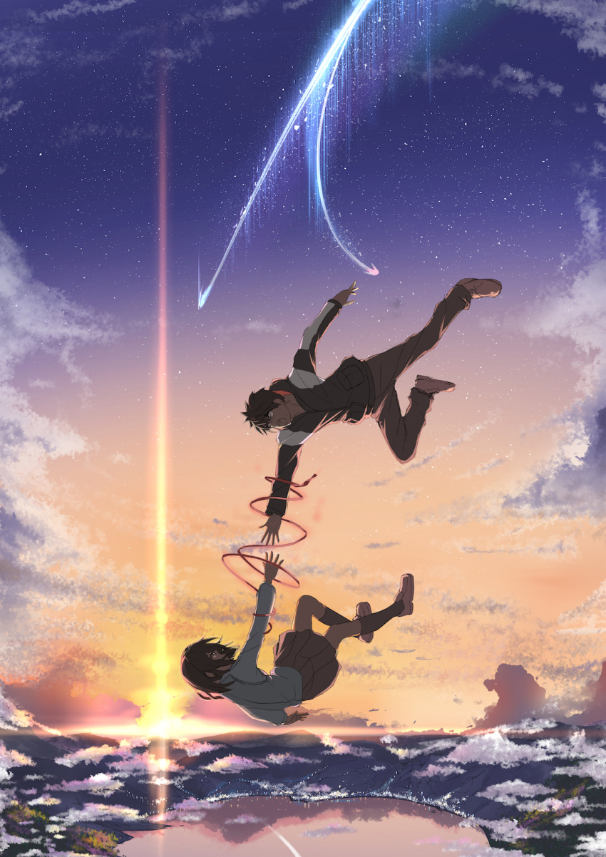 1boy 1girl black_legwear brown_hair comet cosmicsnic evening eye_contact falling highres jacket kimi_no_na_wa kneehighs lake loafers long_sleeves looking_at_another miyamizu_mitsuha open_mouth outstretched_arm pants pleated_skirt reaching_out red_string scenery school_uniform shoes short_hair skirt sky sneakers star_(sky) starry_sky string sunset tachibana_taki yellow_eyes