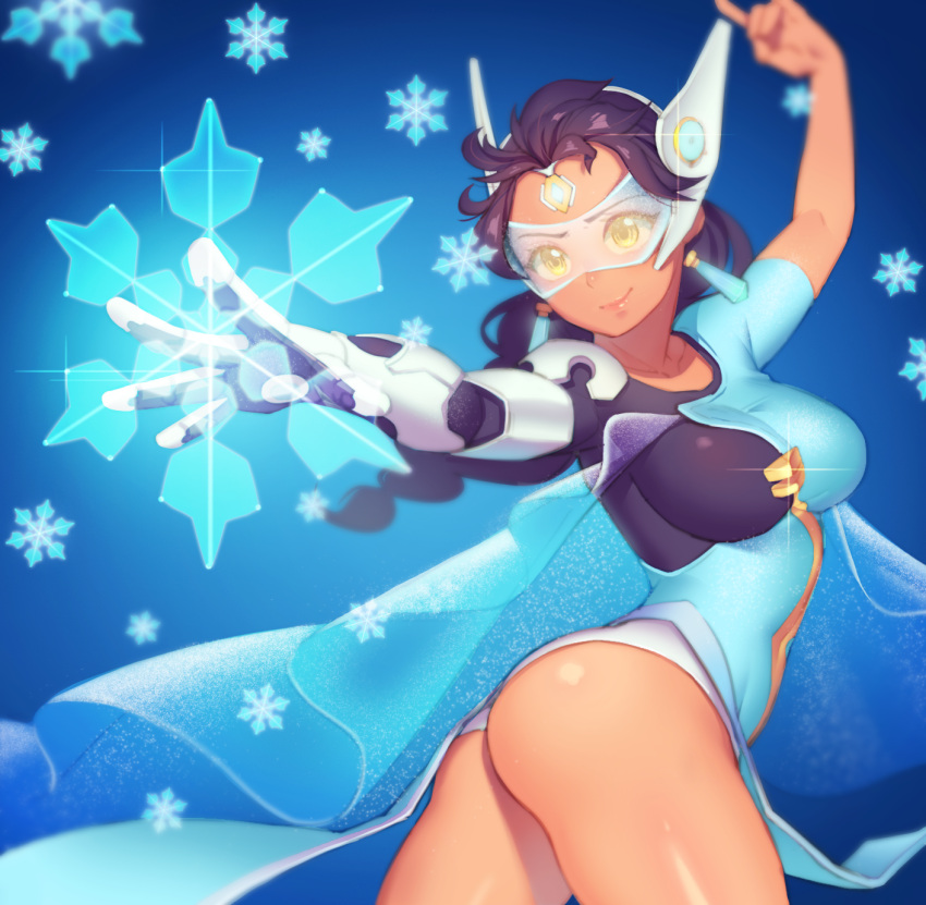 1girl arm_up ass black_hair blue_background breasts brown_eyes brown_hair cosplay cowboy_shot dark_skin dress earrings elsa_(frozen) elsa_(frozen)_(cosplay) fiodo forehead_jewel frozen_(disney) glint gradient gradient_background headgear highres index_finger_raised jewelry long_hair looking_at_viewer mechanical_arm medium_breasts outstretched_arm overwatch short_sleeves smile snowflakes solo symmetra_(overwatch) twisted_torso visor