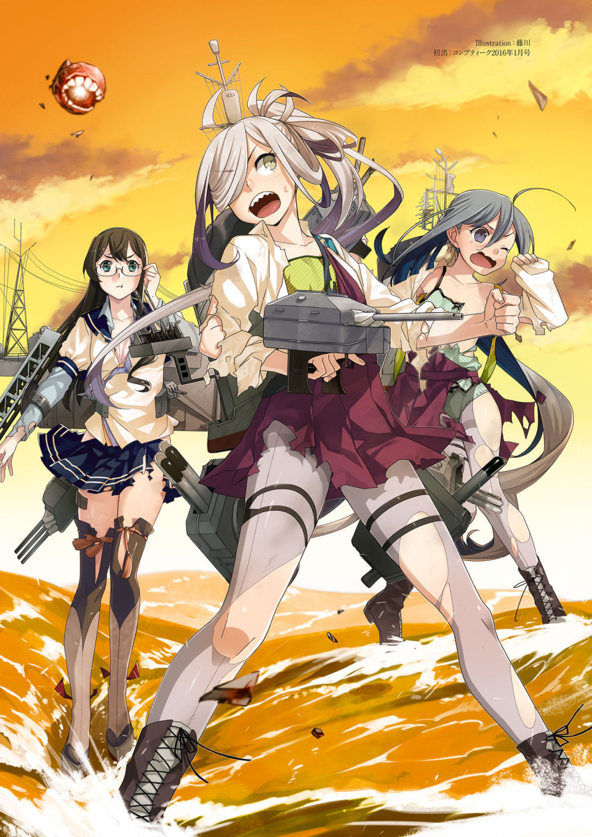 3girls adjusting_glasses ahoge aircraft_catapult asashimo_(kantai_collection) black_hair blue_eyes blue_hair boots bow bowtie cannon enemy_aircraft_(kantai_collection) fujikawa glasses grey_hair hair_between_eyes hair_over_one_eye hairband highres kantai_collection kiyoshimo_(kantai_collection) lace lace-trimmed_thighhighs long_hair multicolored_hair multiple_girls official_art ooyodo_(kantai_collection) pout radio_antenna semi-rimless_glasses sharp_teeth teeth thigh-highs torn_clothes torpedo turret under-rim_glasses very_long_hair water