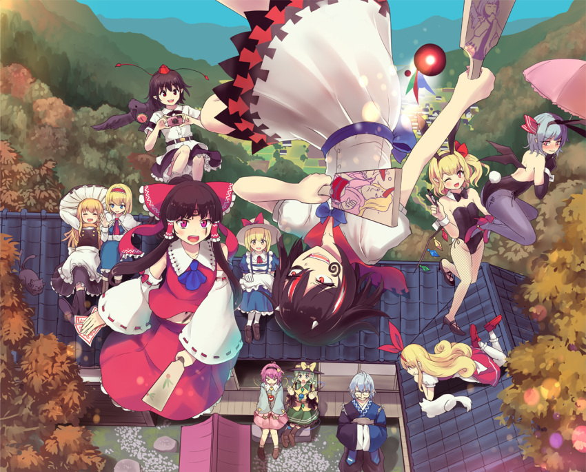 1boy 6+girls alice_margatroid apron ascot bat_wings bird black_hair black_hat black_shoes black_skirt blonde_hair blue_dress blue_shirt blush bow buttons camera cat closed_eyes crow culter day detached_sleeves dress ellen eyeball fishnet_pantyhose fishnets flandre_scarlet green_eyes green_hair green_skirt hair_bow hair_tubes hairband hakurei_reimu hands_in_sleeves hat hat_ribbon heart high_heels horns kana_anaberal kijin_seija kirisame_marisa komeiji_koishi komeiji_satori leotard long_hair long_sleeves lying midriff morichika_rinnosuke multicolored_hair multiple_girls navel ofuda one_eye_closed open_mouth outdoors pantyhose pink_hair pink_skirt red_bow red_eyes red_shoes red_skirt remilia_scarlet ribbon ribbon-trimmed_sleeves ribbon_trim shameimaru_aya shirt shoes short_hair sidelocks silver_hair sitting skirt smile sokrates_(touhou) streaked_hair third_eye tokin_hat touhou tree umbrella vest white_cat white_hair white_hat white_skirt wide_sleeves wings witch_hat yellow_ribbon yellow_shirt