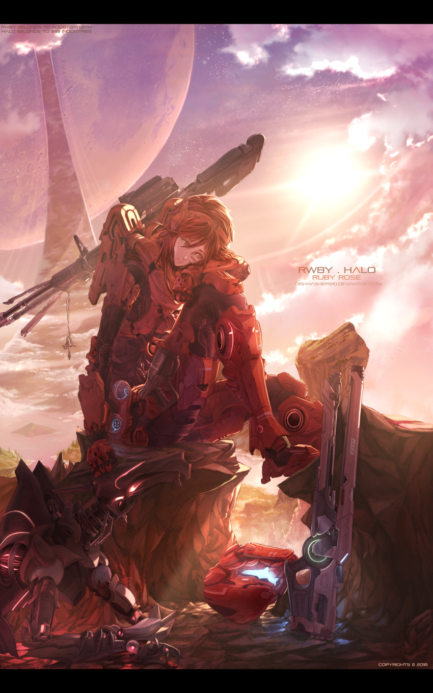 1girl absurdres armor brown_hair copyright_name dishwasher1910 gun halo_(game) headwear_removed helmet helmet_removed highres lens_flare letterboxed rifle ruby_rose rwby short_hair sniper_rifle solo weapon weapon_request