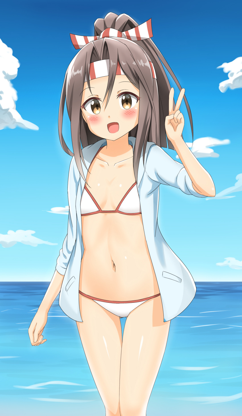1girl absurdres bikini blue_sky blush brown_eyes brown_hair clouds cloudy_sky collarbone flat_chest hachimaki headband highres hood hooded_jacket horizon jacket kantai_collection looking_at_viewer navel nedia_r ocean ponytail sky solo swimsuit v white_bikini zuihou_(kantai_collection)