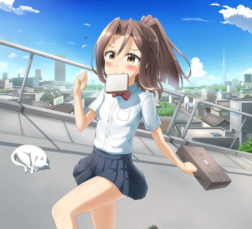 1girl absurdres alternate_costume bag blue_sky breast_pocket brown_eyes brown_hair building building_block cat clouds cloudy_sky contemporary food food_in_mouth highres holding kantai_collection long_hair mouth_hold nedia_r ponytail road running school_bag school_uniform sky skyscraper sleeping smile toast toast_in_mouth white_cat zuihou_(kantai_collection)