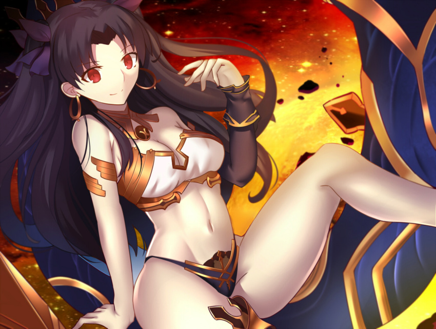 1girl arm_support breasts cleavage earrings fate/grand_order fate_(series) groin highres hoop_earrings ishtar_(fate/grand_order) jewelry large_breasts long_hair navel paperfinger red_eyes smile solo thighs tohsaka_rin type-moon
