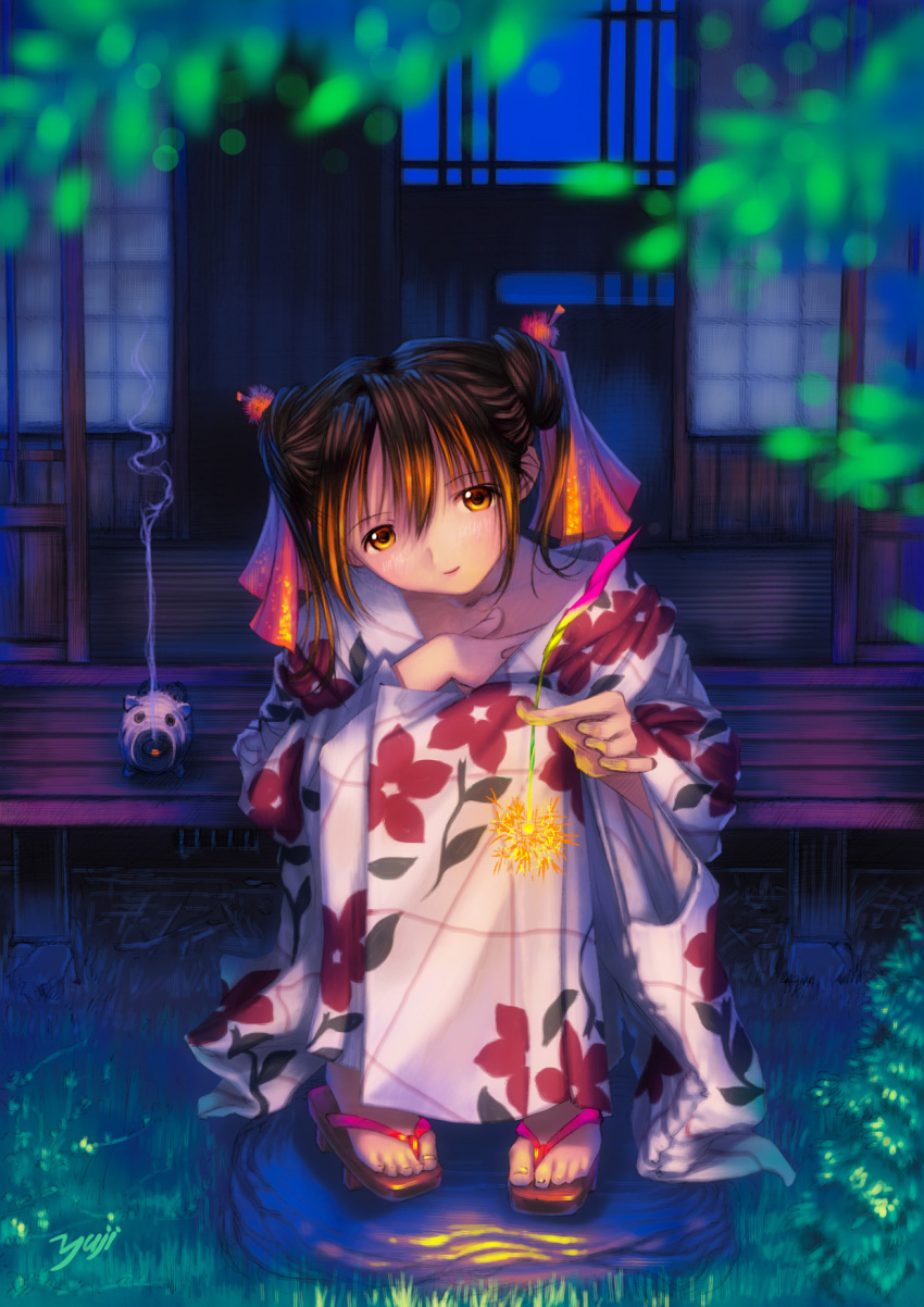 1girl double_bun fireworks highres incense japanese_clothes katori_buta kimono kobayashi_yuji kobayashi_yuuji night senkou_hanabi sitting solo sparkler yukata