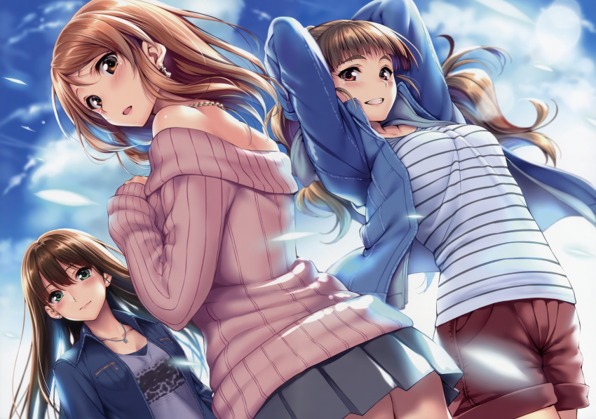 3girls absurdres arms_behind_head arms_up ass bangs bare_shoulders black_skirt blue_jacket blue_sky blunt_bangs blush breasts brown_eyes brown_hair closed_mouth clouds collarbone day earrings feathers green_eyes grin hand_on_own_chest highres houjou_karen huge_filesize idolmaster idolmaster_cinderella_girls jacket jewelry kamiya_nao long_hair looking_at_viewer looking_back medium_breasts miniskirt multiple_girls necklace off-shoulder_sweater open_clothes open_jacket outdoors parted_lips pink_lips pink_sweater piromizu pleated_skirt red_eyes red_shorts scan shibuya_rin shirt shorts skirt sky smile striped striped_shirt sweater t-shirt teeth vertical-striped_shirt vertical_stripes