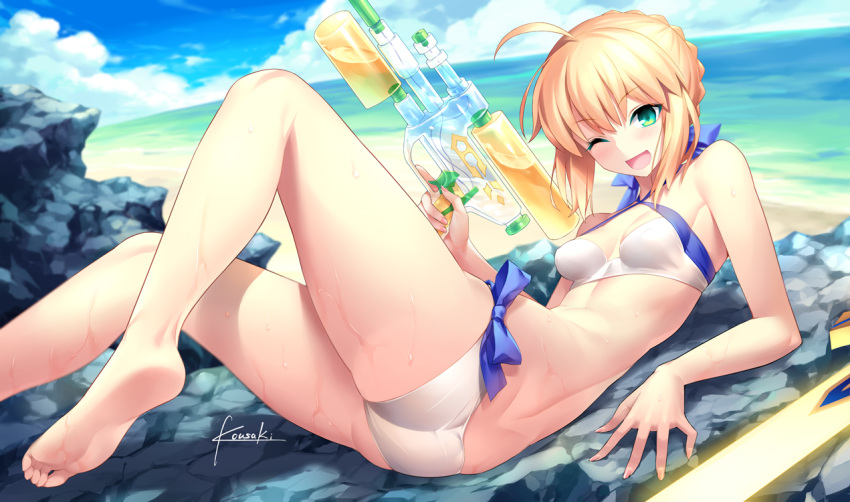 1girl ;d ahoge arm_support artist_name artoria_pendragon_(swimsuit_archer)_(fate) ass barefoot beach bikini blonde_hair blue_sky blush braid breasts clouds cloudy_sky crown_braid day excalibur eyebrows_visible_through_hair fate/grand_order fate_(series) fingernails green_eyes hair_ribbon holding holding_weapon horizon kousaki_rui looking_at_viewer lying medium_breasts ocean on_side one_eye_closed one_leg_raised open_mouth outdoors ribbon saber short_hair signature sky smile solo swimsuit sword toes trigger_discipline water water_gun weapon wet white_bikini