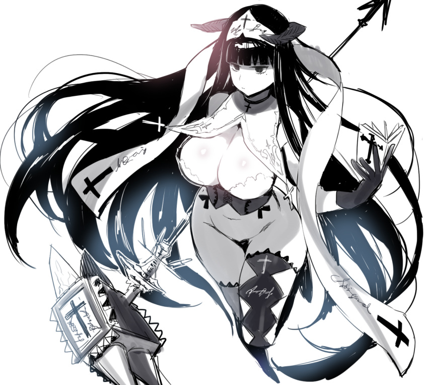 1girl breasts cleavage curvy demon_girl glaring highres jitome large_breasts long_hair mole mole_under_eye monochrome navel nito_(siccarol) nun original simple_background solo succubus thick_thighs thighs unorns very_long_hair white_background wide_hips