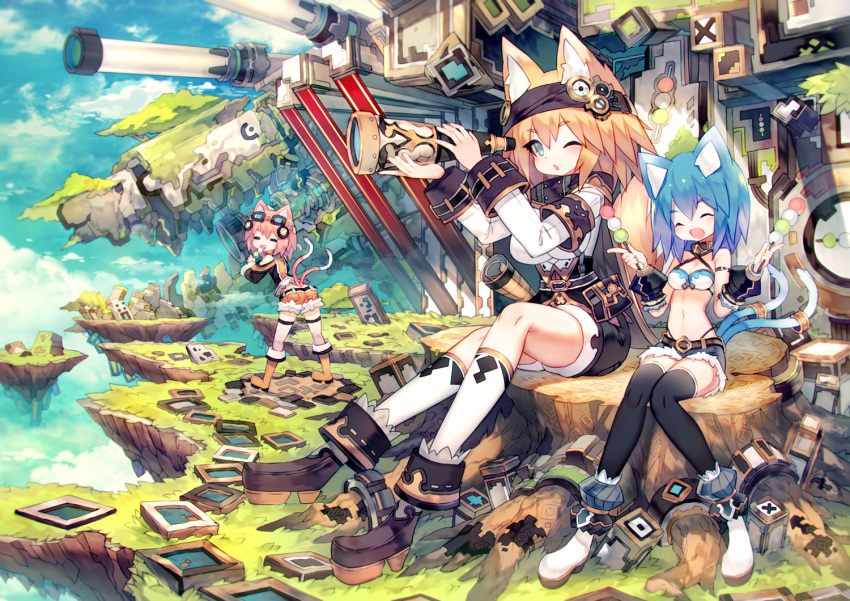 3girls :d ;o =_= animal_ears animal_print arm_belt armband ass back bangs bare_shoulders belt belt_pouch bikini_top black_boots black_cape black_panties black_shorts blonde_hair blue_eyes blue_hair blue_shorts blue_sky blush boots breasts building cape cat_ears cat_print cat_tail cleavage collar criss-cross_halter cutoffs dango day eyebrows_visible_through_hair fantasy floating_island food food_print fox_ears fox_girl fox_tail goggles goggles_on_head grass hair_ornament halter_top halterneck headband highleg highleg_panties holding holding_food knee_up kneehighs large_breasts leaning_forward legs_apart long_sleeves looking_at_viewer looking_back mamuru medium_breasts multiple_girls multiple_tails navel one_eye_closed open_mouth orange_boots orange_shorts original outdoors over-kneehighs overgrown panties pink_hair pouch sanshoku_dango shirt short_hair short_shorts shorts shoulder_cutout sitting sky smile standing stomach tail tail_ring telescope thigh-highs thigh_strap tree tree_stump two_tails underwear wagashi white_boots white_legwear white_shirt wrist_cuffs