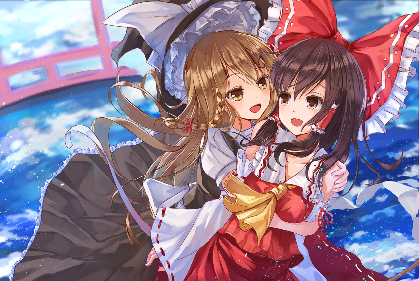2girls :d above_clouds blonde_hair bow braid breast_rest breasts brown_hair collarbone commentary cravat detached_sleeves eyelashes flying gohei hair_bow hair_ribbon hair_tubes hakurei_reimu hand_on_another's_shoulder hat hat_removed head_to_head headwear_removed hug kirisame_marisa light_particles long_hair looking_at_another muireko multiple_girls open_mouth red_eyes ribbon ribbon-trimmed_skirt ribbon-trimmed_sleeves ribbon_trim short_hair single_braid skirt skirt_set smile torii touhou tress_ribbon witch_hat yellow_eyes yuri