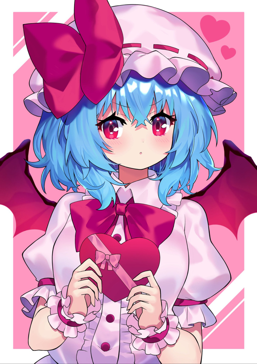 1girl :o bat_wings blue_hair blush bow bowtie box breasts center_frills commentary_request dress eyebrows_visible_through_hair frills hat hat_bow heart-shaped_box highres holding holding_box looking_at_viewer medium_breasts mob_cap pink_dress pink_headwear red_bow red_eyes red_neckwear remilia_scarlet short_hair solo touhou v-shaped_eyebrows wings wrist_cuffs yuujin_(yuzinn333)