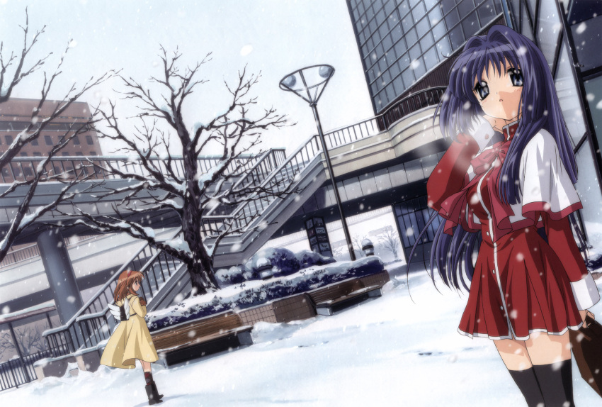 2girls highres ikeda_kazumi kanon minase_nayuki multiple_girls red_skirt school_uniform serafuku skirt snow snowing thigh-highs tsukimiya_ayu
