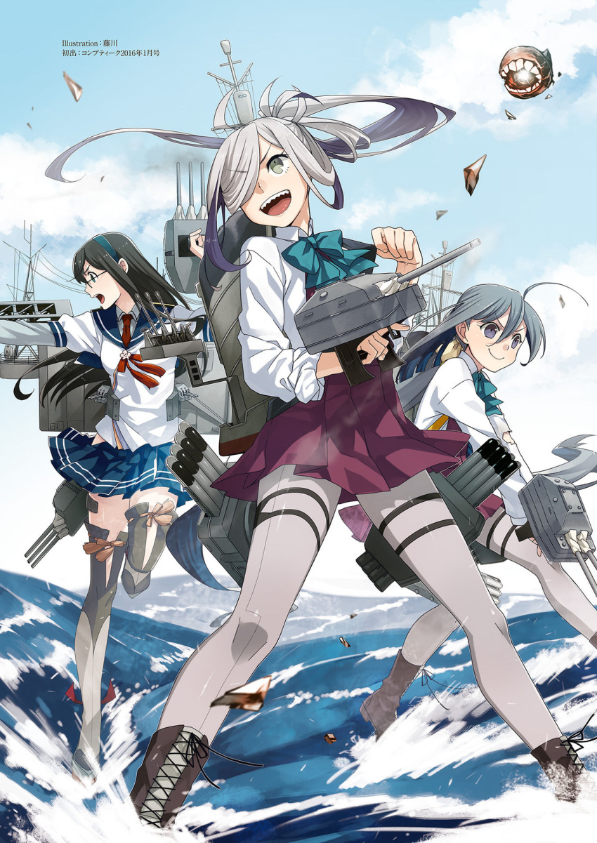 3girls ahoge aircraft_catapult asashimo_(kantai_collection) black_hair blue_eyes blue_hair boots bow bowtie cannon enemy_aircraft_(kantai_collection) fujikawa glasses grey_hair hair_between_eyes hair_over_one_eye hairband highres kantai_collection kiyoshimo_(kantai_collection) lace lace-trimmed_thighhighs long_hair multicolored_hair multiple_girls official_art ooyodo_(kantai_collection) radio_antenna semi-rimless_glasses sharp_teeth teeth thigh-highs torpedo turret under-rim_glasses very_long_hair