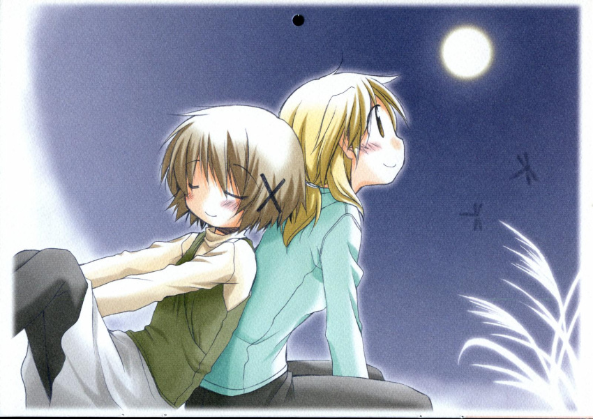 2girls animal aoki_ume back-to-back black_legwear black_pants blonde_hair blush brown_hair closed_eyes dragonfly full_moon grass green_eyes hair_ornament hairpin hidamari_sketch highres insect long_sleeves miyako moon multiple_girls night night_sky official_art outdoors pants pantyhose plant scan short_hair sitting skirt sky sleeping sleeping_upright smile sweater vest white_skirt x_hair_ornament yuno